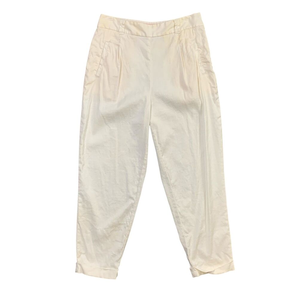 Ett:twa Pants Womens 8 Ivory Pleated Straight Linen Blend Trouser Anthropologie